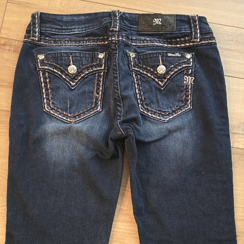 Miss Me Skinny Mid Rise Distressed Dark Blue Thick Stitch Women's Jeans 30
